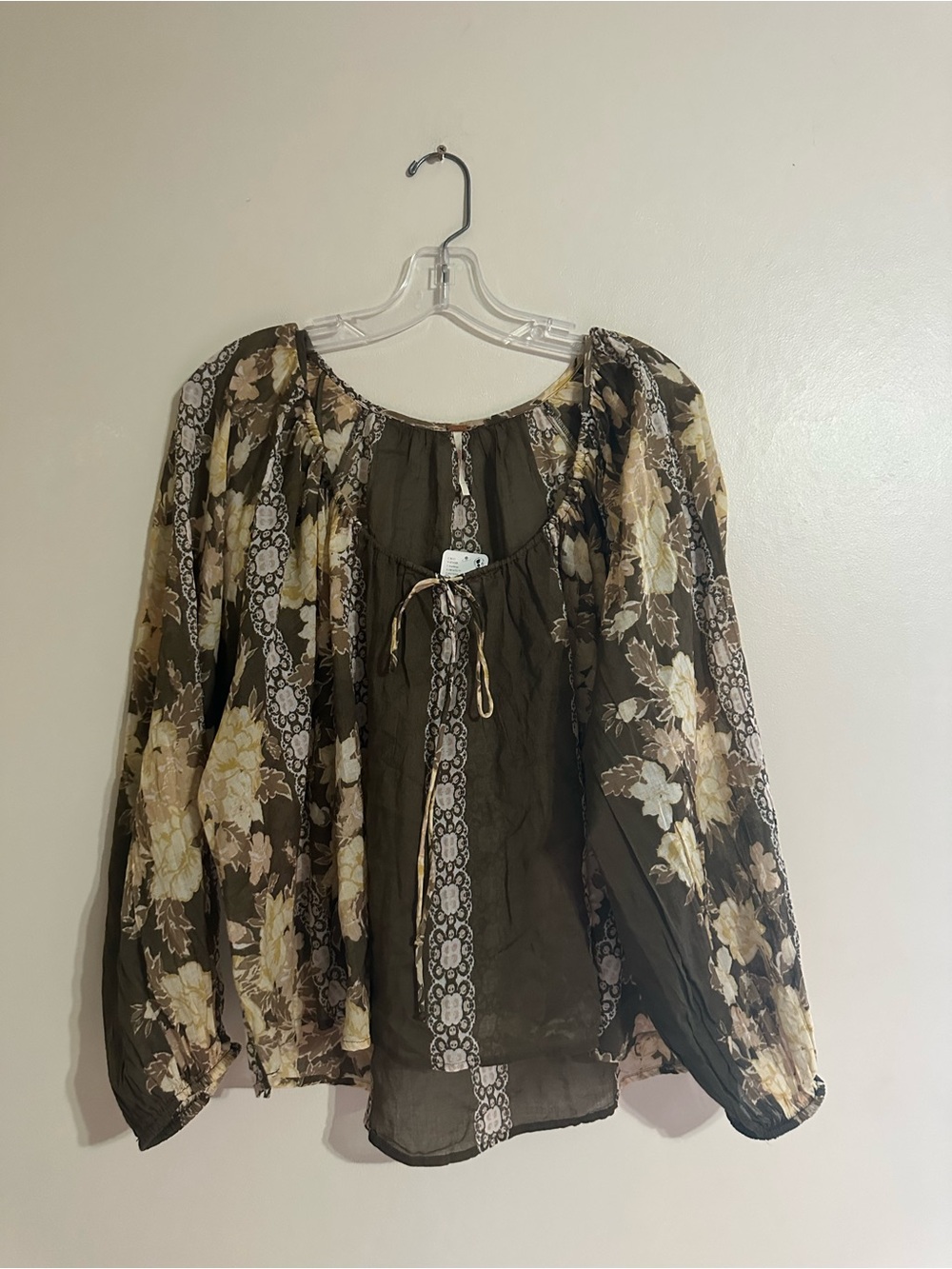 Free People Olive Green Floral Peasant Blouse
